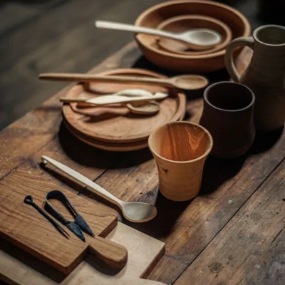انواع مختلفی از ظروف چوبی که بر روی یک میز چوبی قرار گرفته اند